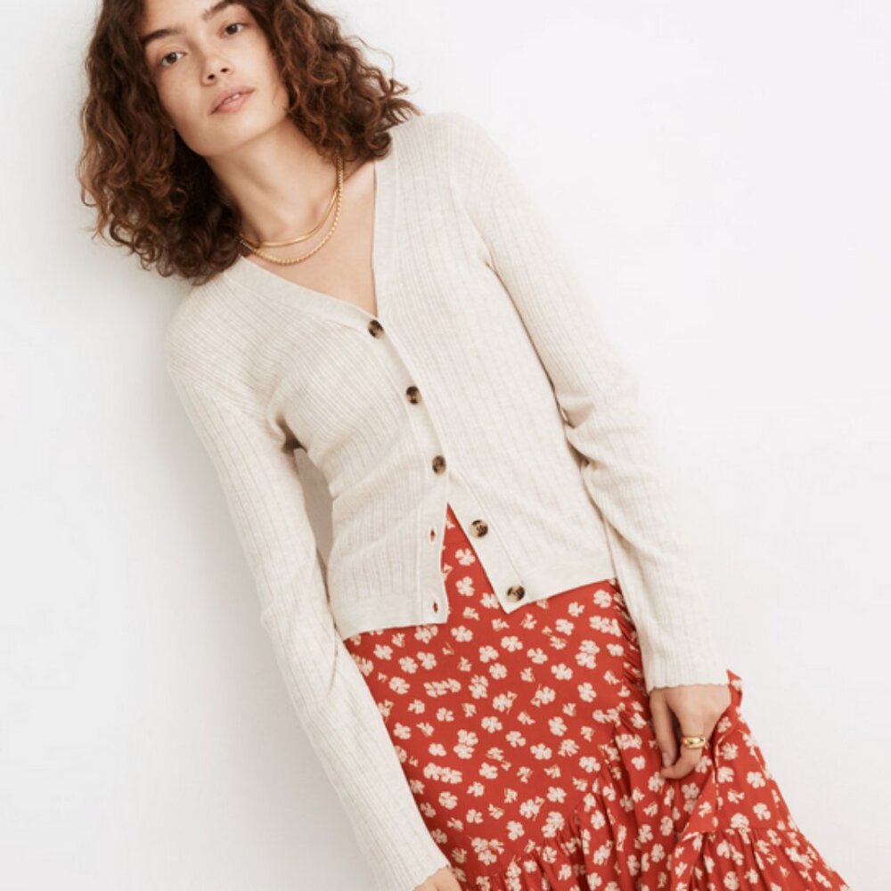 Madewell V-Neck Pointelle Ribbed Cardigan Sweater in Heather Oat EUC, large